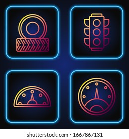 Set line Speedometer, Speedometer, Car wheel and Traffic light. Gradient color icons. Vector