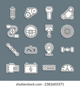Set line Speedometer, Chassis car, Alloy wheel, Car key with remote, Steering, battery jumper power cable, Shock absorber and Engine piston icon. Vector