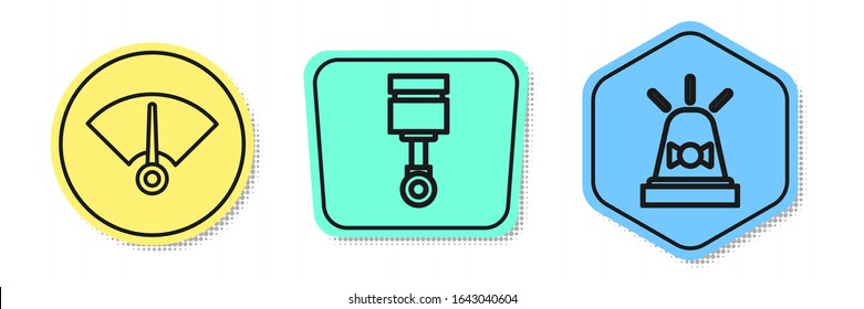 Set line Speedometer, Engine piston and Flasher siren. Colored shapes. Vector