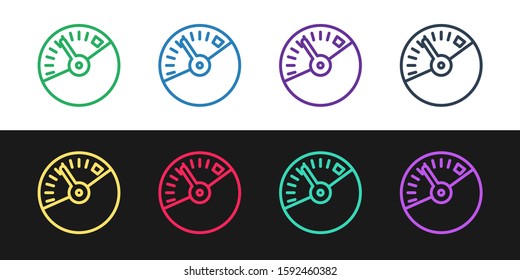 Set line Speedometer icon isolated on black and white background.  Vector Illustration