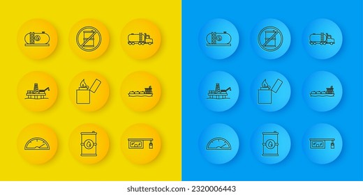 Set line Speedometer, Oil platform in the sea, Lighter, Gas filling station, tanker ship, industrial factory building, Tanker truck and No barrel gasoline icon. Vector