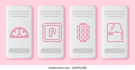Set line Speedometer, Parking, Traffic light and Car door. White rectangle button. Vector