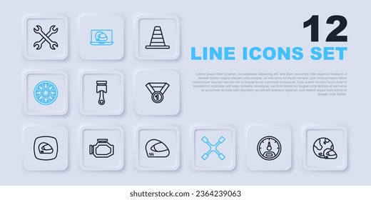 Set line Speedometer, Racing helmet, Engine piston, Wheel wrench, Alloy wheel for car, Check engine,  and  icon. Vector