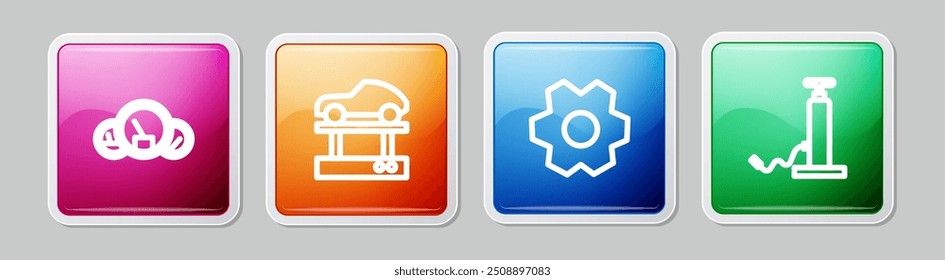 Set line Speedometer, Repair car on a lift, Gear and Car pump. Colorful square button. Vector