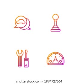 Set line Speedometer, Screwdriver and wrench spanner, Car service and Gear shifter. Gradient color icons. Vector