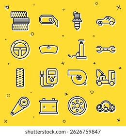 Set line Speedometer, Tow truck, Wrench spanner, Car spark plug, Windshield, Steering wheel, tire and air pump icon. Vector