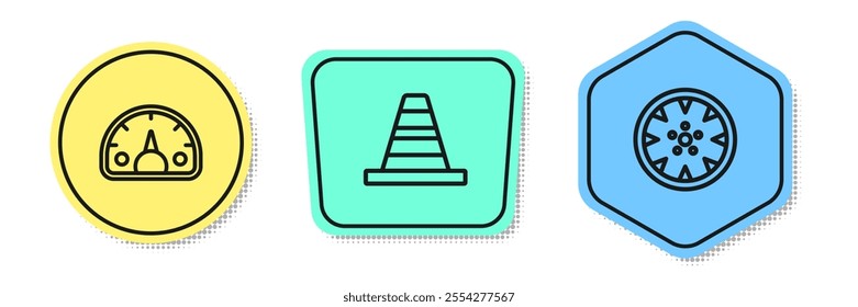 Set line Speedometer, Traffic cone and Alloy wheel. Colored shapes. Vector