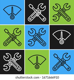 Set line Speedometer, Wrench and Screwdriver and wrench tools icon. Vector
