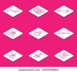 Set line Spell, Ancient magic book, Hand saw, Masons, Magic stone ring with gem, Witches broom, Wizard warlock and Magician hat rabbit icon. Vector