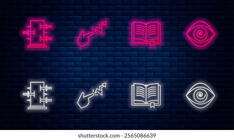 Set line Spell, Ancient magic book, Trunk for tricks and Hypnosis. Glowing neon icon on brick wall. Vector