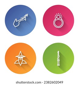 Set line Spell, Magic stone ring with gem, Wizard warlock and wand. Color circle button. Vector