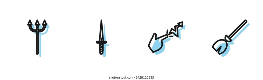 Set line Spell, Neptune Trident, Dagger and Witches broom icon. Vector