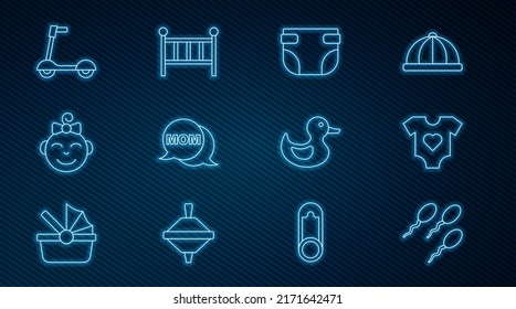 Set line Sperm, Baby clothes, diaper, Speech bubble mom, Little girl head, Roller scooter, Rubber duck and crib cradle bed icon. Vector
