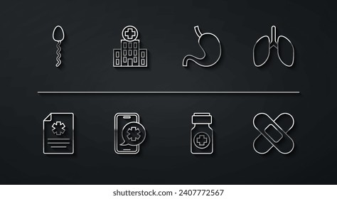 Set Line Sperm, Klinische Aufzeichnung, Lungen, Medizin Flasche und Pillen, Notruf, Medizinische Krankenhausgebäude, Crossed Bandage Gips und Human Magensymbol. Vektorgrafik