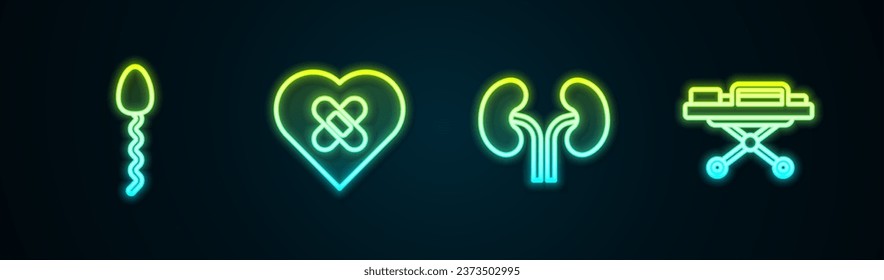 Set line Sperm, Healed broken heart, Human kidneys and Stretcher. Glowing neon icon. Vector