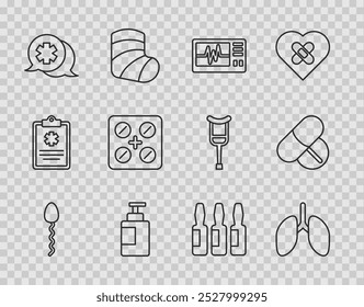 Set-Linie Sperma, Lunge, Monitor mit Kardiogramm, Handdesinfektionsflasche, Dialog der Arzt, Pillen in Blisterpackung, Medizinische Durchstechflasche, Ampulle und Medizin-Tablette Symbol. Vektorgrafik