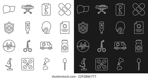 Set line Sperm, Medicine bottle and pills, Clinical record, X-ray shots, Digital thermometer, Life insurance hand, Human organ liver and Sore throat icon. Vector