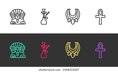 Set line Sphinx, Hookah, Egyptian necklace and Cross ankh on black and white. Vector