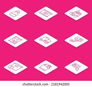 Set line Spice in can, Canned fish, Cigarettes pack box, food, Hand truck and boxes, Security camera, Carton cardboard with price and Shopping bag icon. Vector