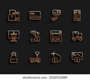 Set line Spice in can, Electronic scales, Cash register machine, Price tag for pear, Credit card, fish, Hand truck and boxes and Online ordering delivery icon. Vector