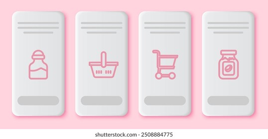 Set line Spice in can, Shopping basket, cart and Coffee jar bottle. White rectangle button. Vector