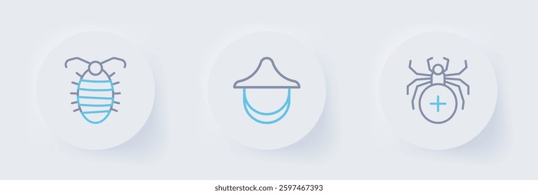 Set line Spider, Beekeeper hat and Larva insect icon. Vector