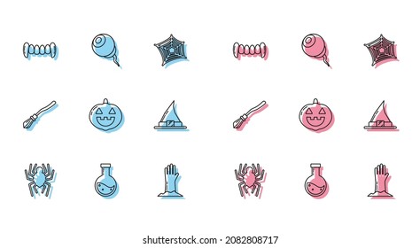 Set line Spider, Bottle with potion, Vampire teeth, Zombie hand, Pumpkin, Witch hat, Witches broom and Eye icon. Vector