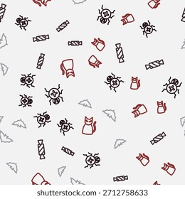 Set line Spider, Candy, Flying bat and Black cat on seamless pattern. Vector