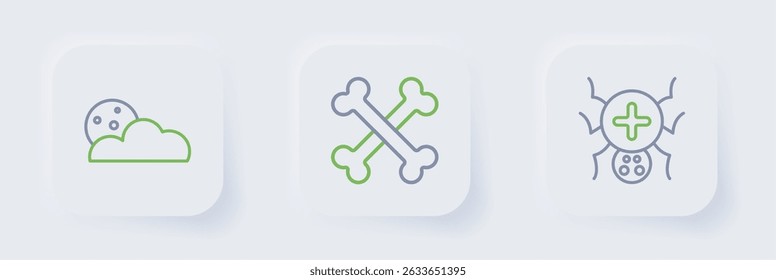 Set line Spider, Crossed bones and Moon and stars icon. Vector