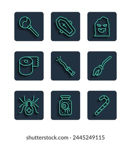 Set line Spider, Eye in a jar, Christmas candy cane, Funny scary ghost mask, Magic wand, Toilet paper roll, Lollipop and Witches broom icon. Vector