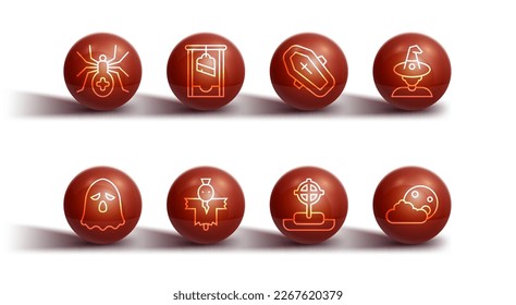 Set line Spider, Ghost, Witch, Tombstone with cross, Scarecrow, Guillotine, Moon and stars and Coffin icon. Vector