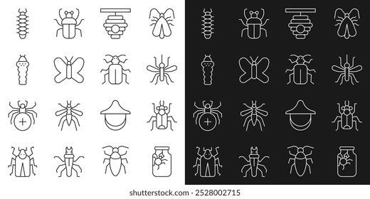 Set line Araña en tarro, insecto Escarabajo, Mosquito, Colmena para abejas, Mariposa, Larva insecto, Ciempiés y escarabajo Chafer icono. Vector