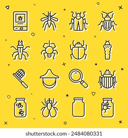 Set line Spider in jar, Colorado beetle, Larva insect, Beetle bug, Termite, Book about and Mite icon. Vector