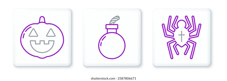 Set line Spider, Pumpkin and Bomb ready to explode icon. Vector