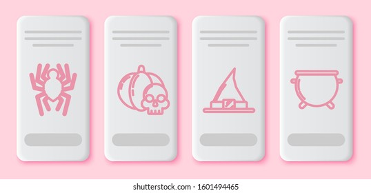 Set line Spider , Pumpkin and skull , Witch hat  and Halloween witch cauldron . White rectangle button. Vector