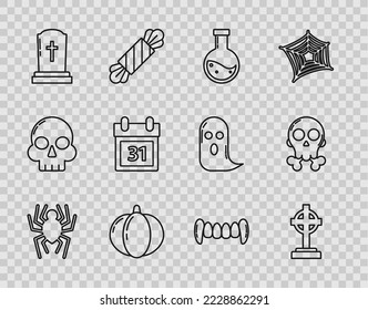 Set line Spider, Tombstone with cross, Bottle potion, Pumpkin, Calendar Halloween date 31 october, Vampire teeth and Skull crossbones icon. Vector
