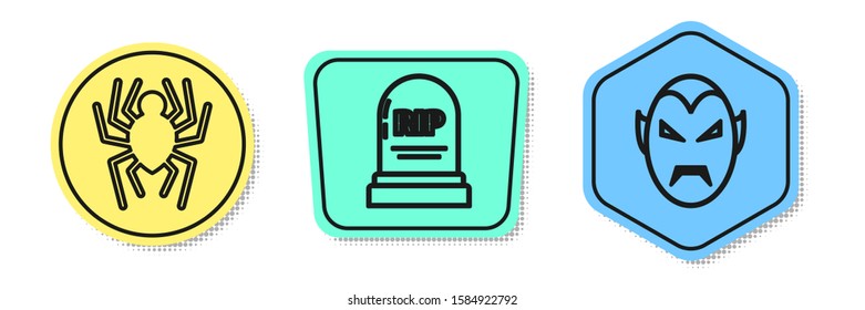 Set line Spider , Tombstone with RIP and Vampire . Colored shapes. Vector