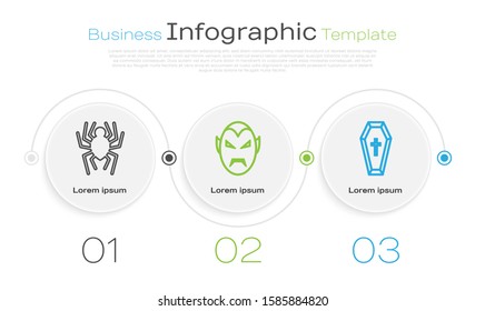 Set line Spider , Vampire  and Coffin with christian cross . Business infographic template. Vector