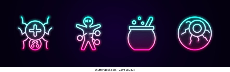 Set line Spider, Voodoo doll, Halloween witch cauldron and Eye. Glowing neon icon. Vector