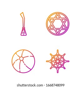 Set line Spider web, Beach ball, Witches broom and Star of David. Gradient color icons. Vector