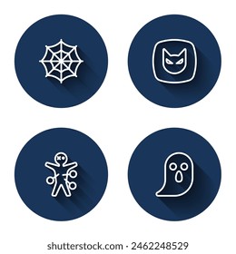 Set line Spider web, Black cat, Voodoo doll and Ghost with long shadow. Blue circle button. Vector