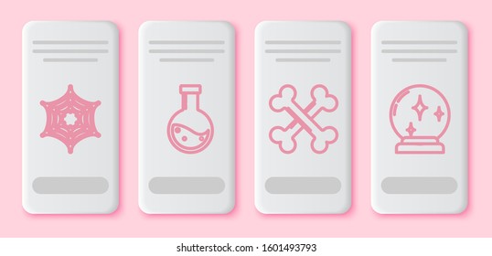 Set line Spider web , Bottle with potion , Crossed bones  and Magic ball . White rectangle button. Vector