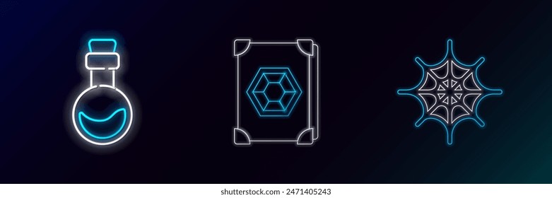 Set line Spider web, Bottle with love potion and Ancient magic book icon. Glowing neon. Vector