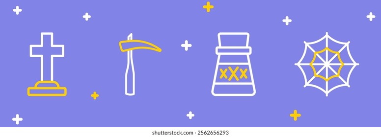 Set line Spider web, Bottle with potion, Scythe and Tombstone cross icon. Vector