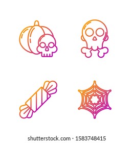 Set line Spider web , Candy , Pumpkin and skull  and Skull on crossbones . Gradient color icons. Vector