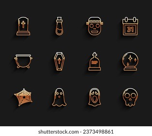 Set line Spider web, Ghost, Tombstone with cross, Funny and scary ghost mask for Halloween, Skull, Coffin christian, Magic ball and RIP icon. Vector