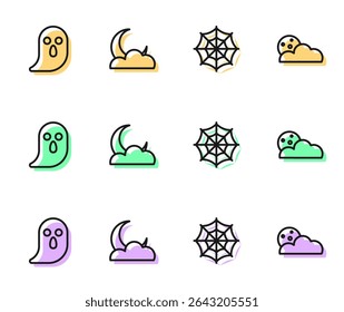 Set line Spider web, Ghost, Moon and stars and  icon. Vector