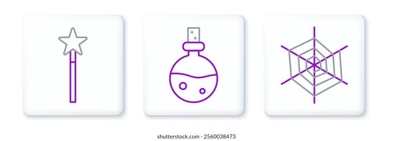 Set line Spider web, Magic wand and Bottle with love potion icon. Vector