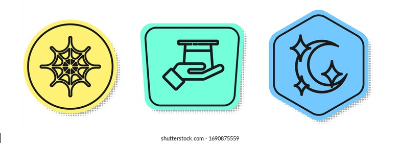 Set line Spider web, Magician hat in hand and Moon and stars. Colored shapes. Vector