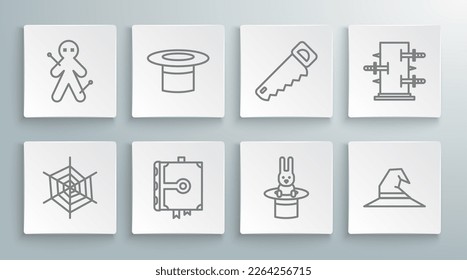 Set line Spider web, Magician hat, Ancient magic book, and rabbit, Witch, Hand saw, Trunk for tricks and Voodoo doll icon. Vector